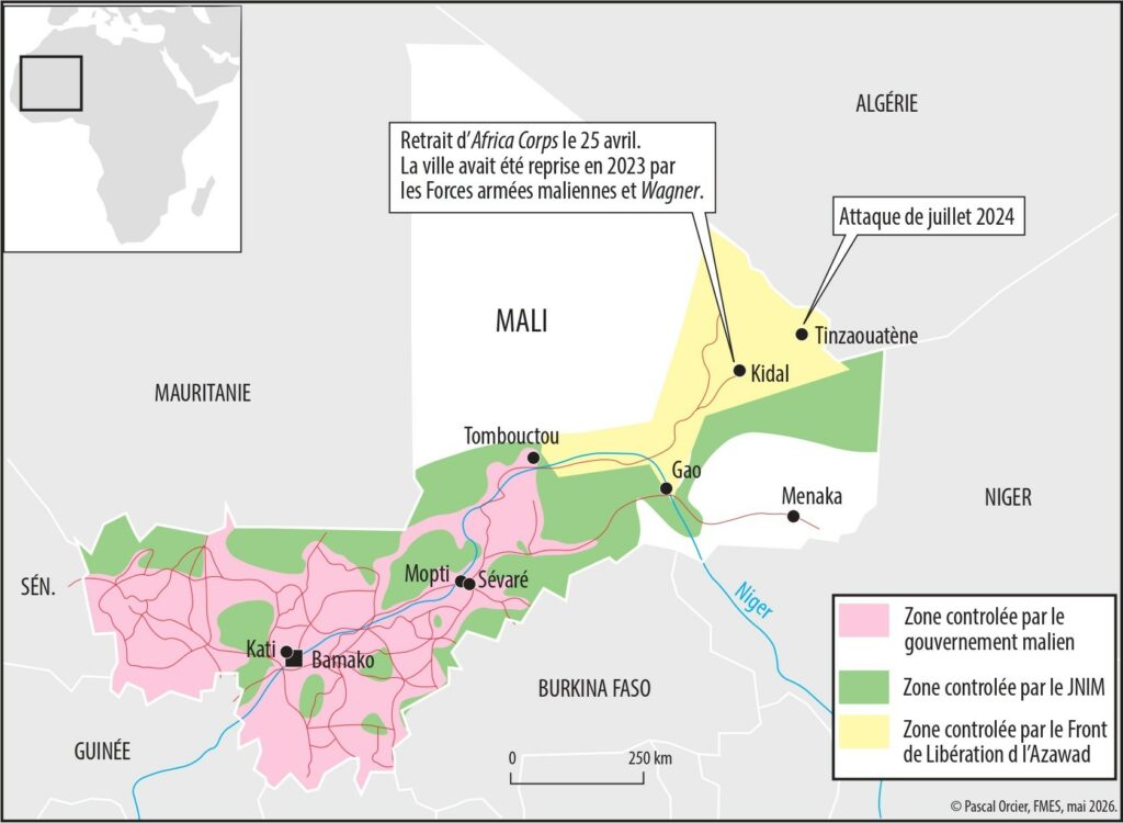 Carte illustrant les zones de tension au Mali après l'offensive de 2026