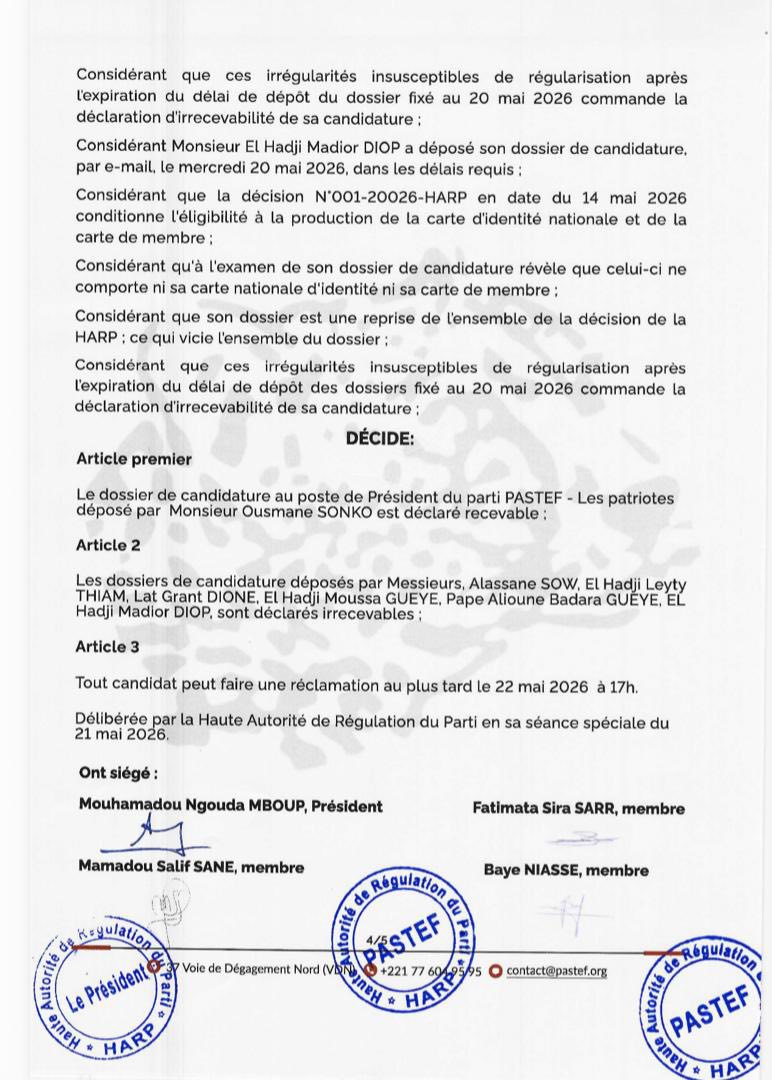 Congrès Pastef 2026 : Ousmane Sonko seul candidat officiel à la présidence