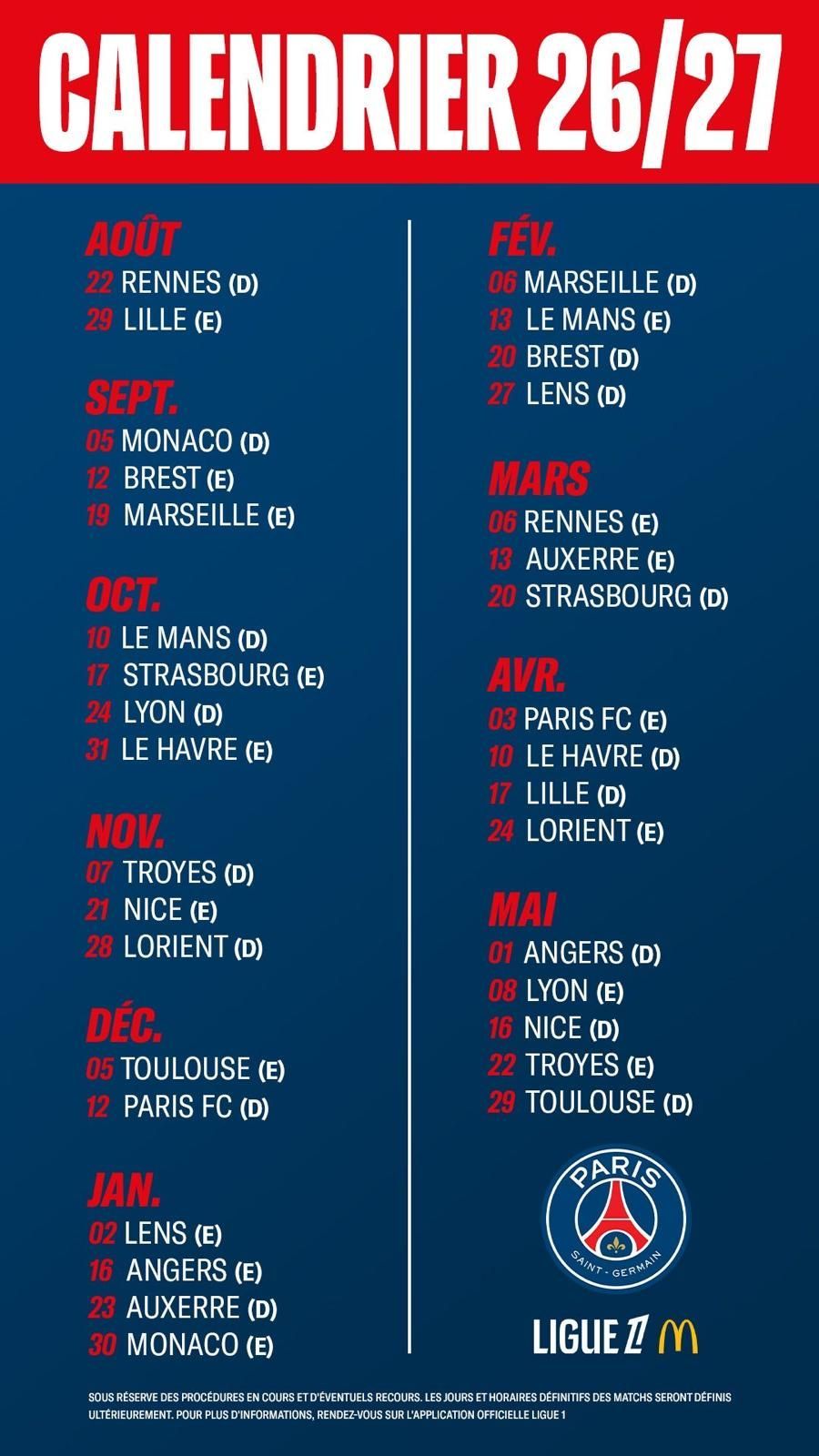 Calendrier complet du PSG pour la saison 2026-2027