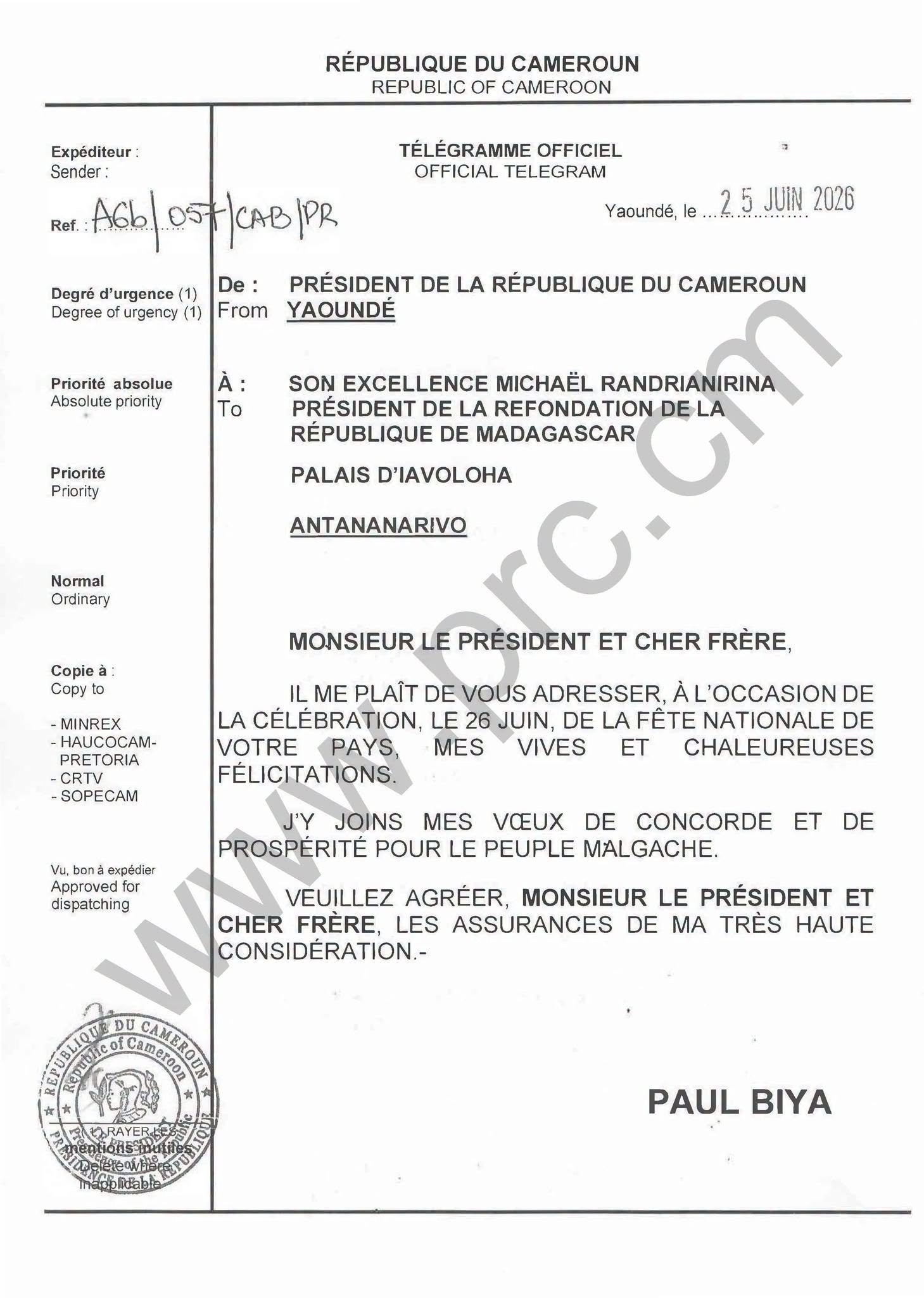 Message de félicitations du Président Paul Biya à Son Excellence Michaël Randrianirina, à l\
